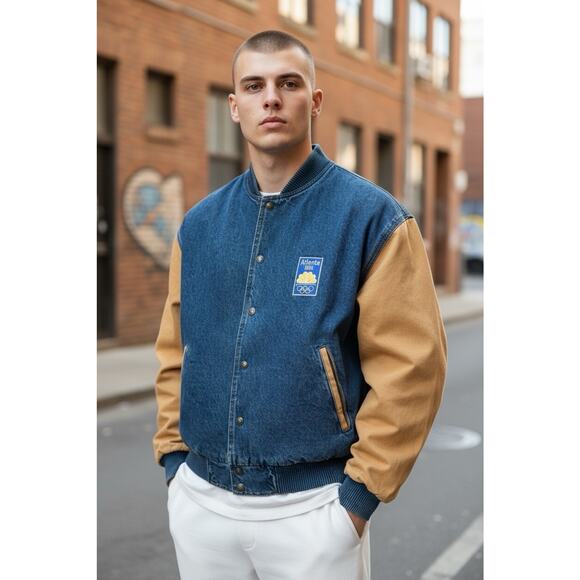 Vintage Atlanta Olympics 1996 Centennial Denim Jean Letterman NBC Large Jacket - Picture 1 of 8